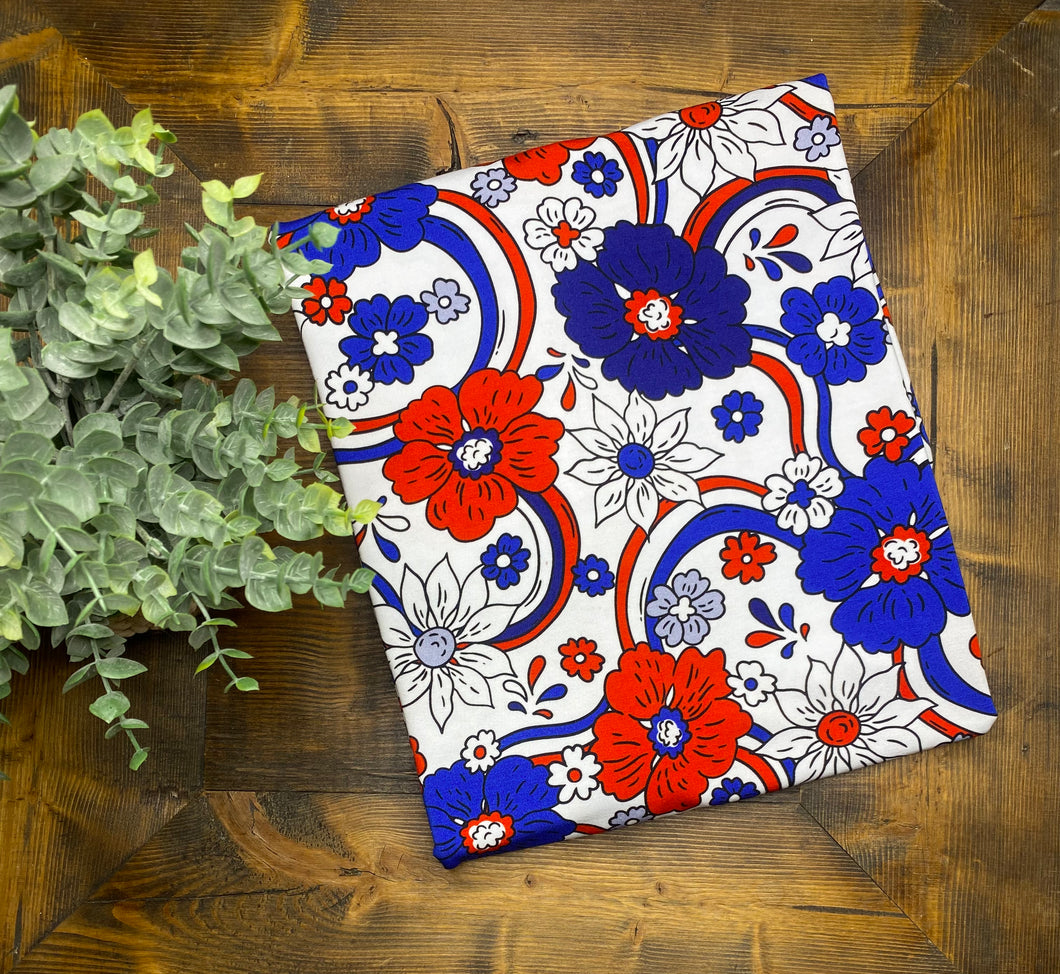 Bamboo Cotton Lycra- Retro Red White Blue Floral